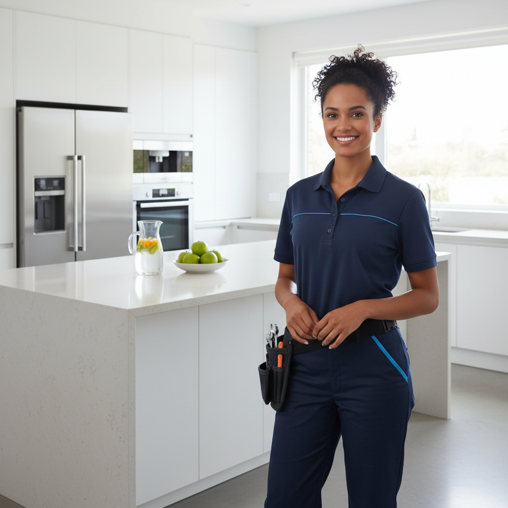 Smiling appliance repair technician standing in a modern bright kitchen