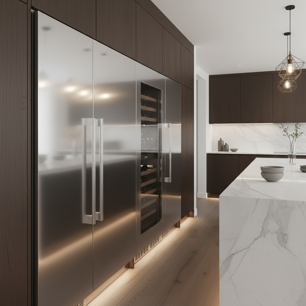 Modern high-end kitchen close-up with built-in refrigerator and wine cooler