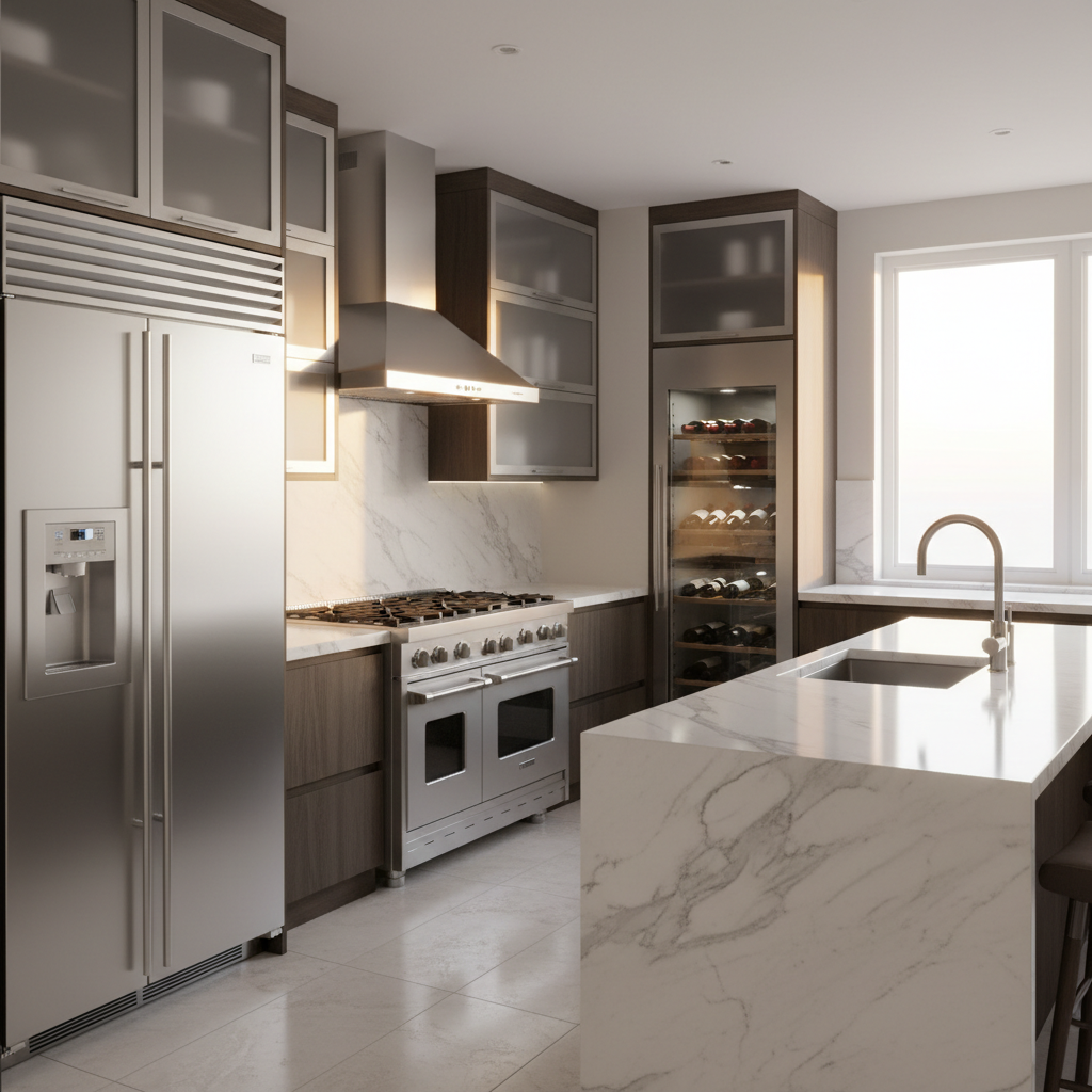 Luxury modern kitchen with stainless steel refrigerator and marble countertops