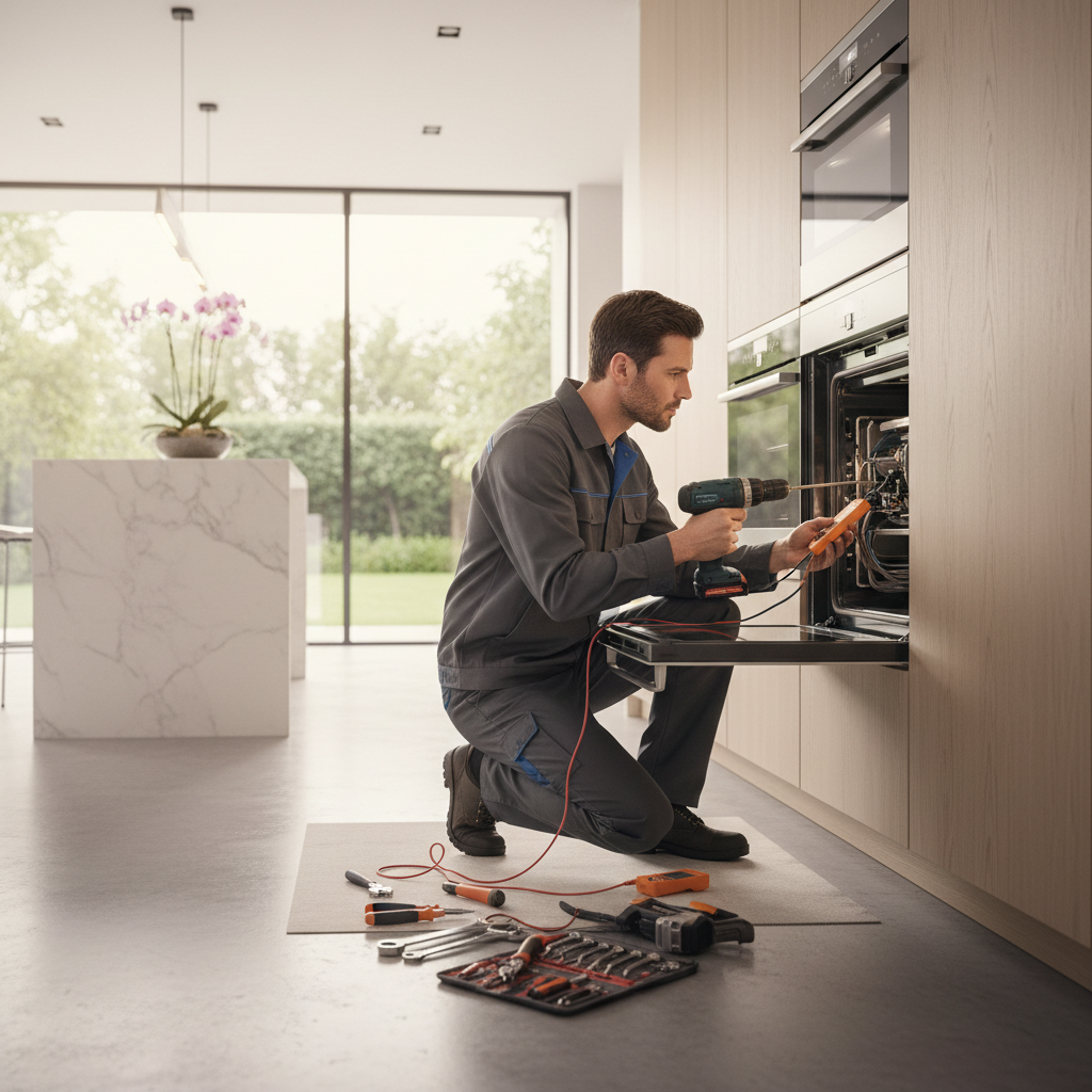 Appliance repair technician repairing a built-in oven in a bright modern kitchen